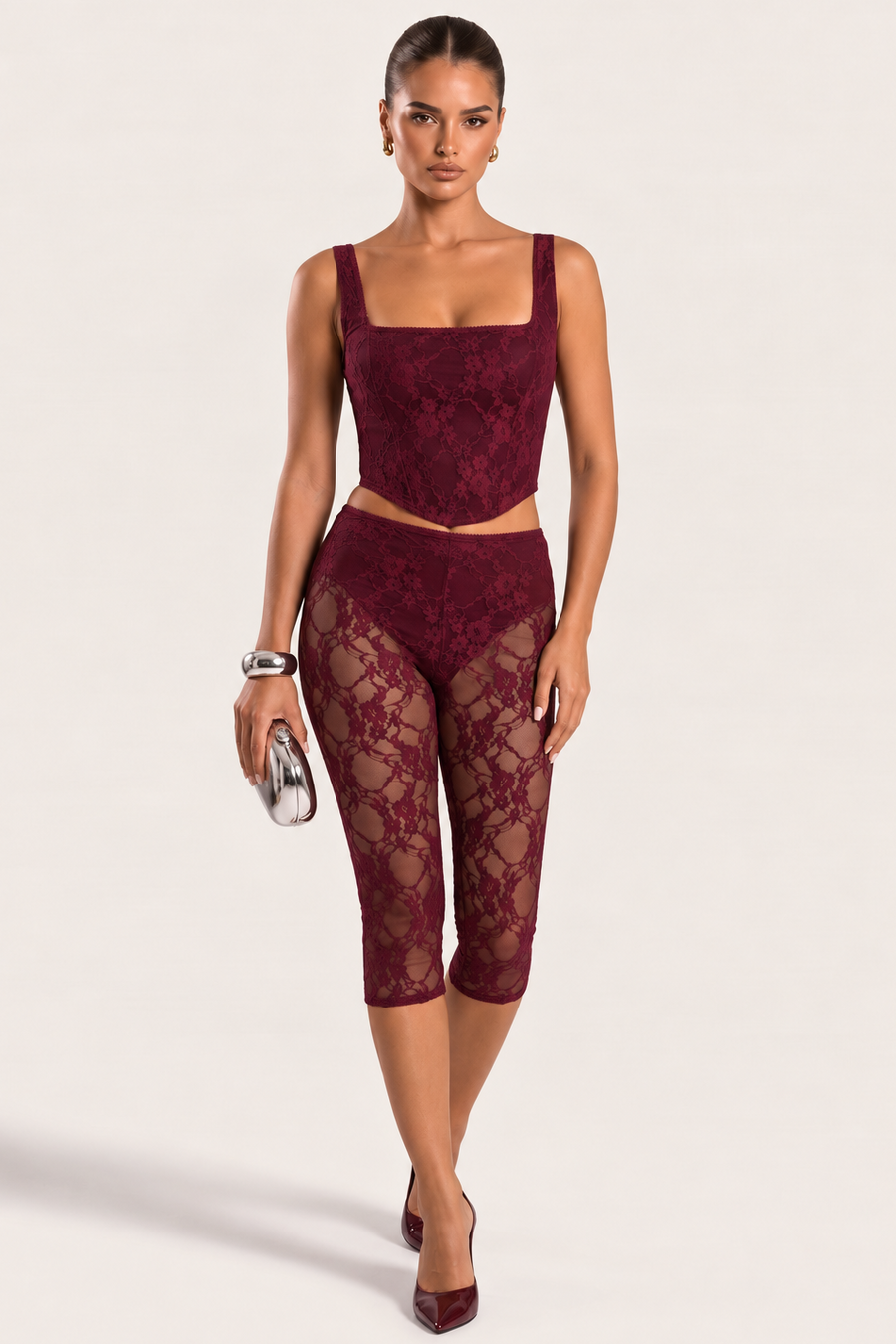 Wine Lace Corset and Capri Pants Co-ord Set - Cammie