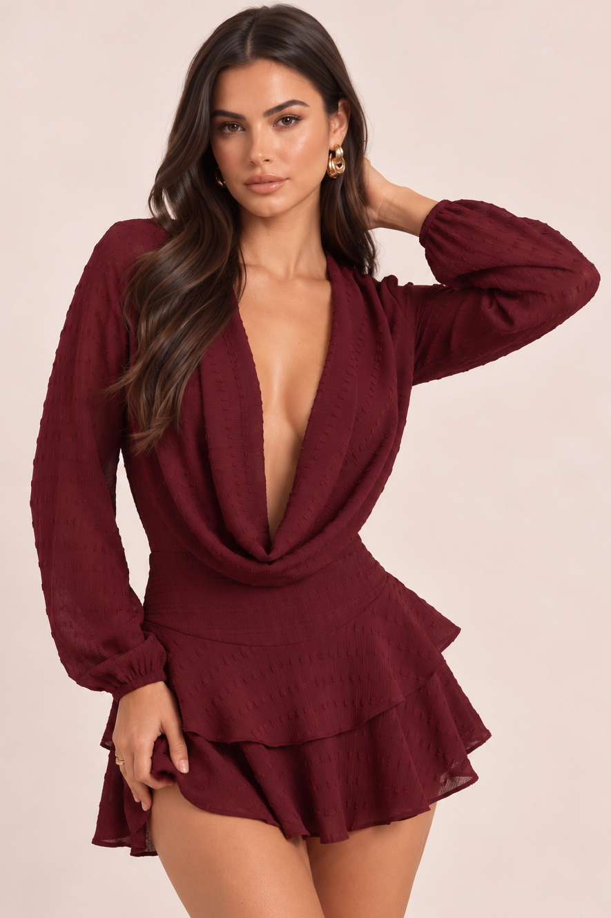 Wine Textured Long Sleeve Flippy Playsuit - Dolly