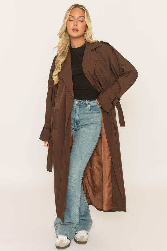 Chocolate Brown Belted Trench Coat - Roxia