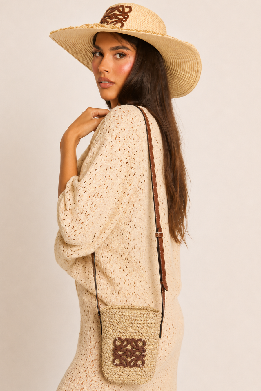 Beige Raffia Logo Detail Shoulder Bag - Evah