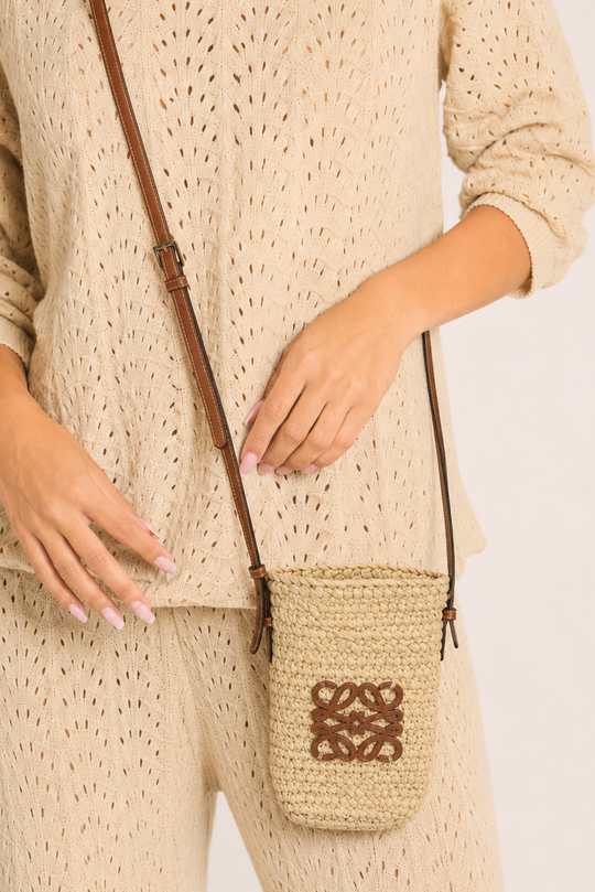Beige Raffia Logo Detail Shoulder Bag - Evah