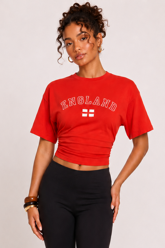 Red England Graphic Short Sleeve Cinched Waist T-Shirt - Margot