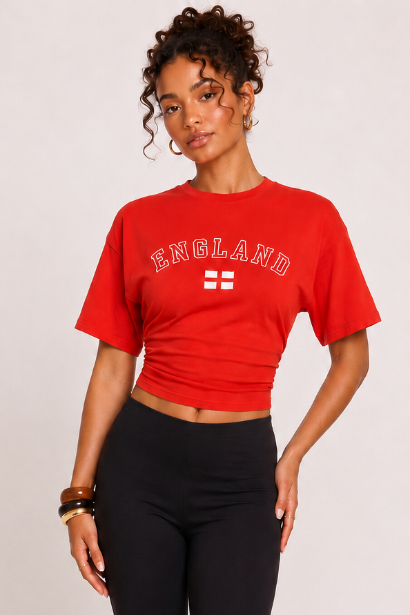 Red England Graphic Short Sleeve Cinched Waist T-Shirt - Margot