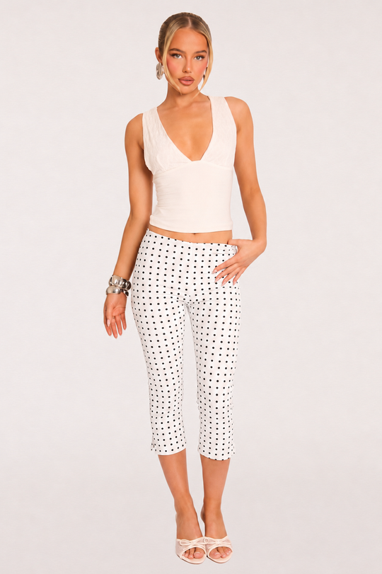 White Polka Dot Bengaline Split Hem Capri Pants - Claudia