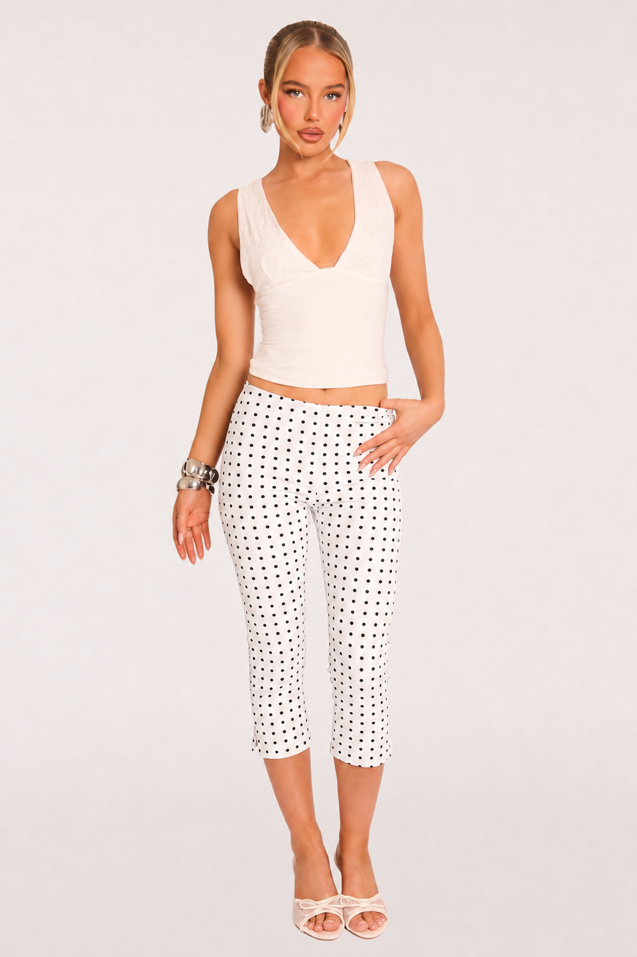 White Polka Dot Bengaline Split Hem Capri Pants - Claudia