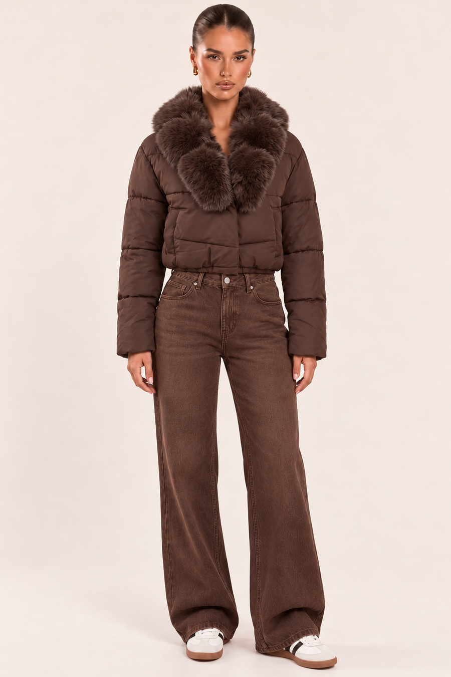 Chocolate Faux Fur Collar Puffer Cropped Jacket - Deliah