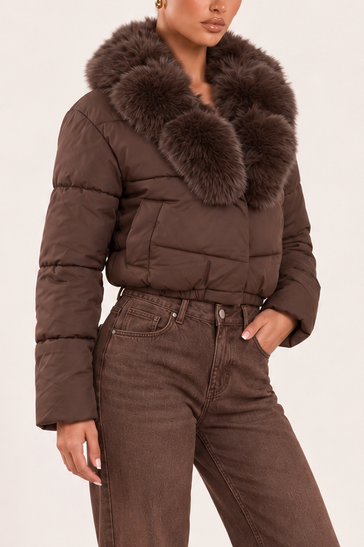Chocolate Faux Fur Collar Puffer Cropped Jacket - Deliah