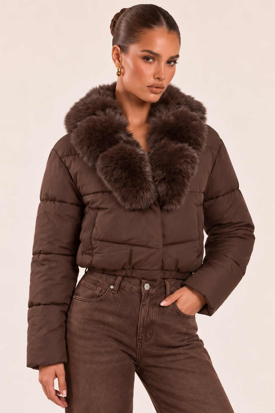 Chocolate Faux Fur Collar Puffer Cropped Jacket - Deliah