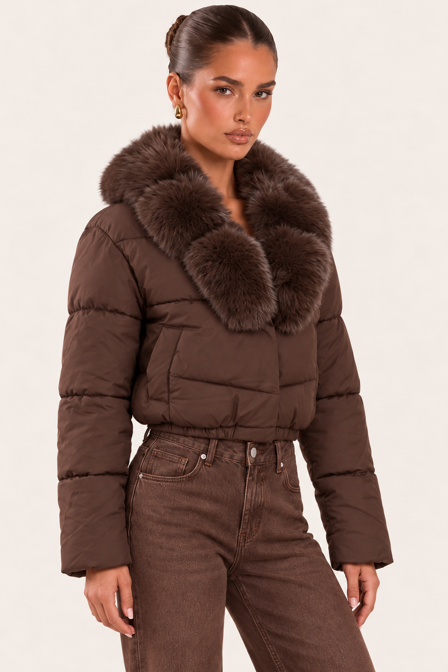 Chocolate Faux Fur Collar Puffer Cropped Jacket - Deliah