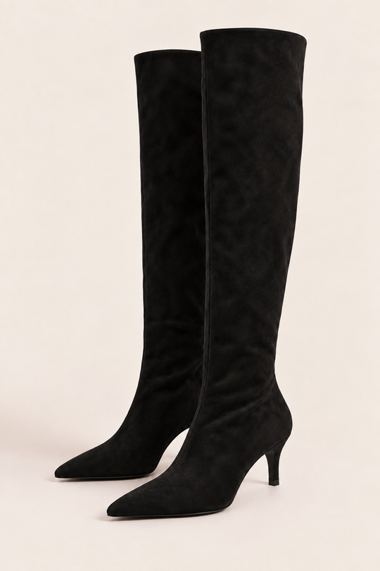 Black Faux Suede Stiletto Knee High Boots - Lexi