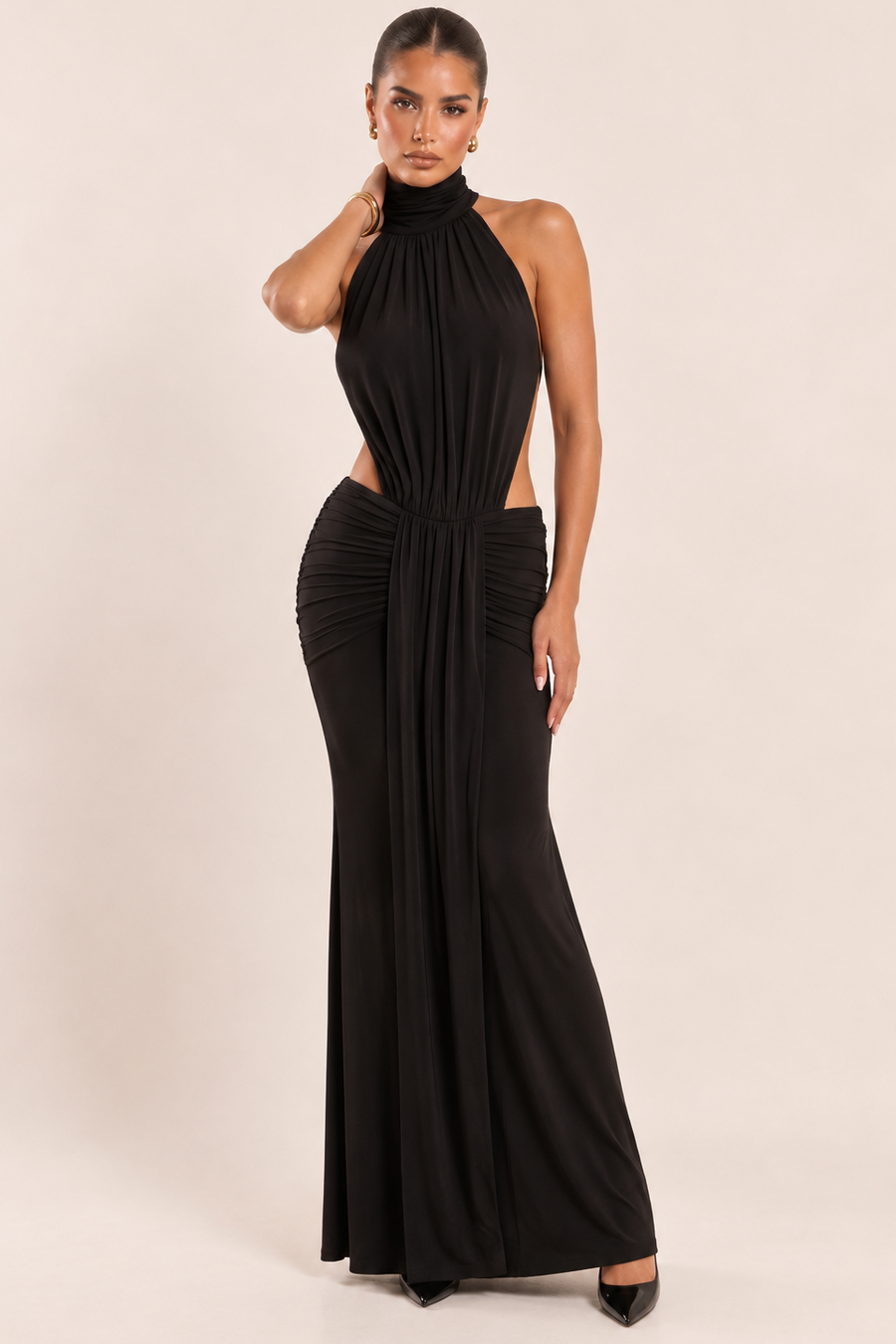 Black High Neck Draped Maxi Dress - Aranza