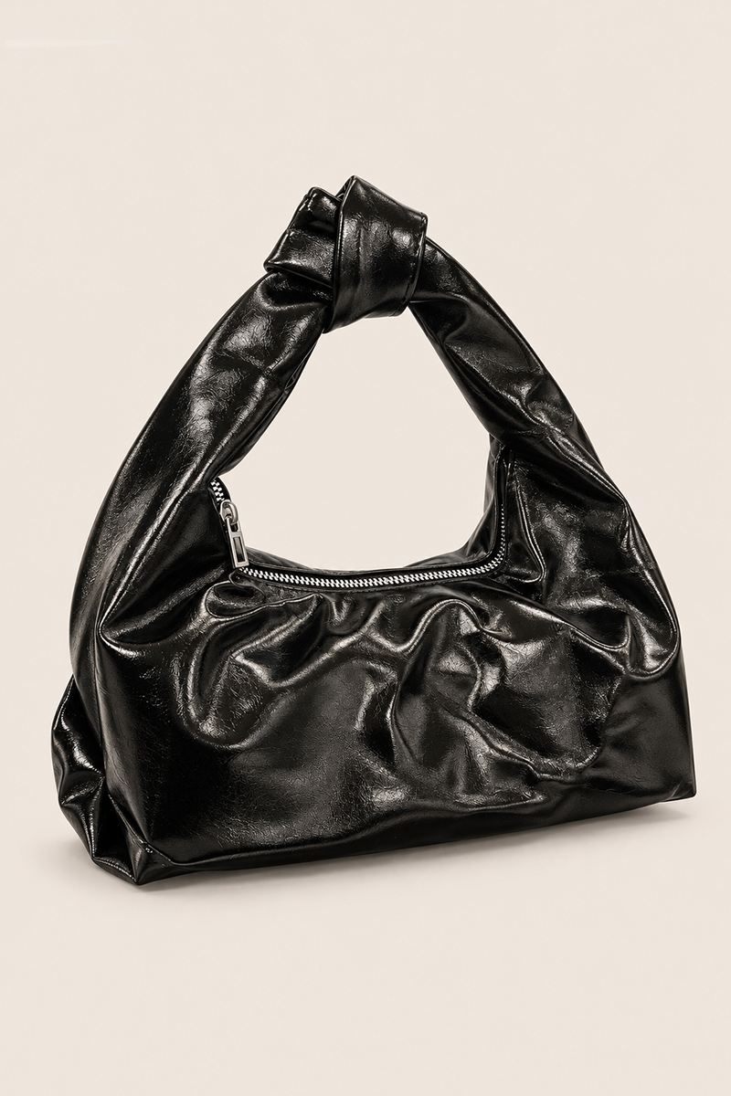 Black Faux Leather Knot Handle Grab Bag - Lindie