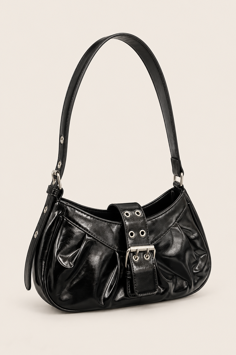 Black Patent Buckle Shoulder Bag - Jerry
