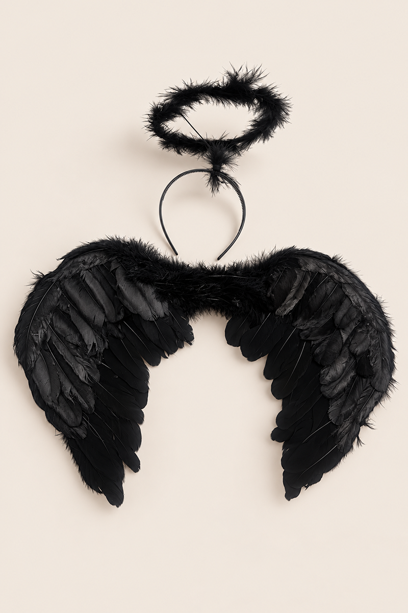 Black Halloween Feather Angel Wings and Halo Set - Minka