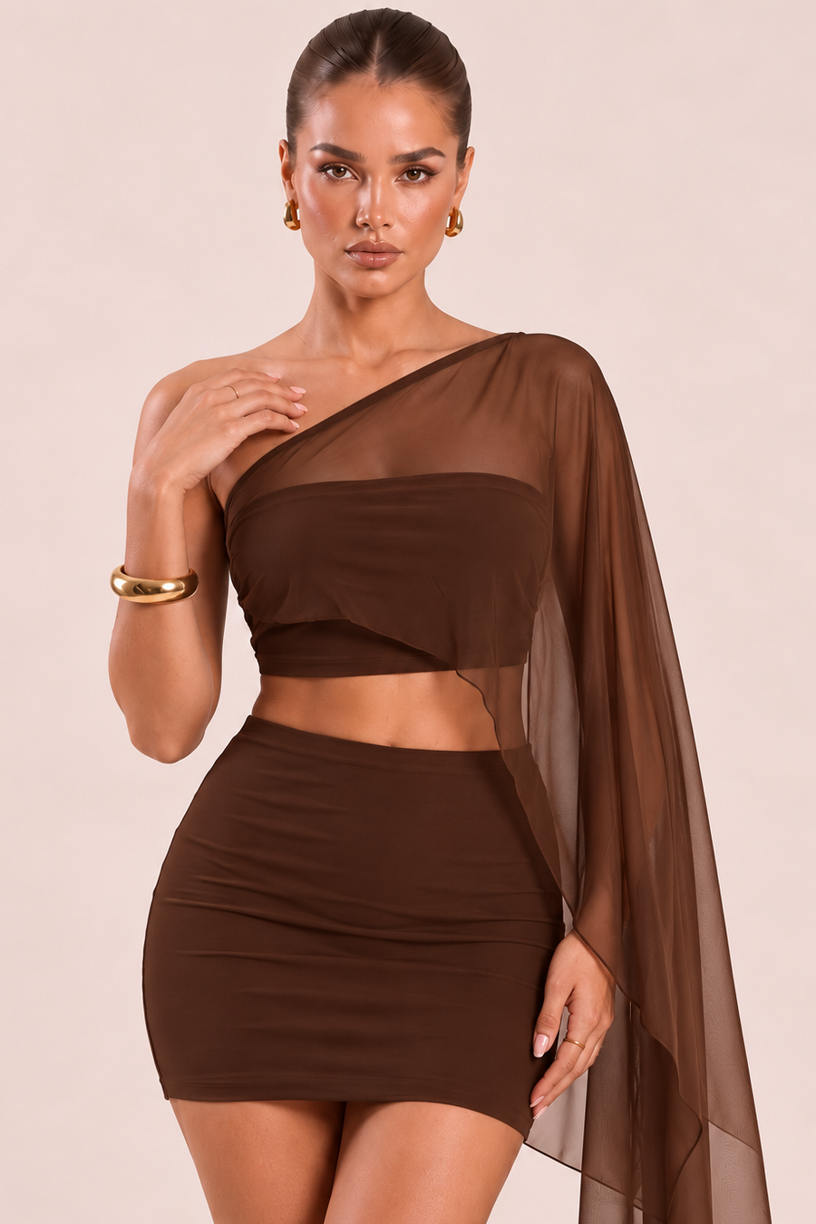 Chocolate Mesh One Shoulder Top and Mini Skirt Co-ord Set - Nelda