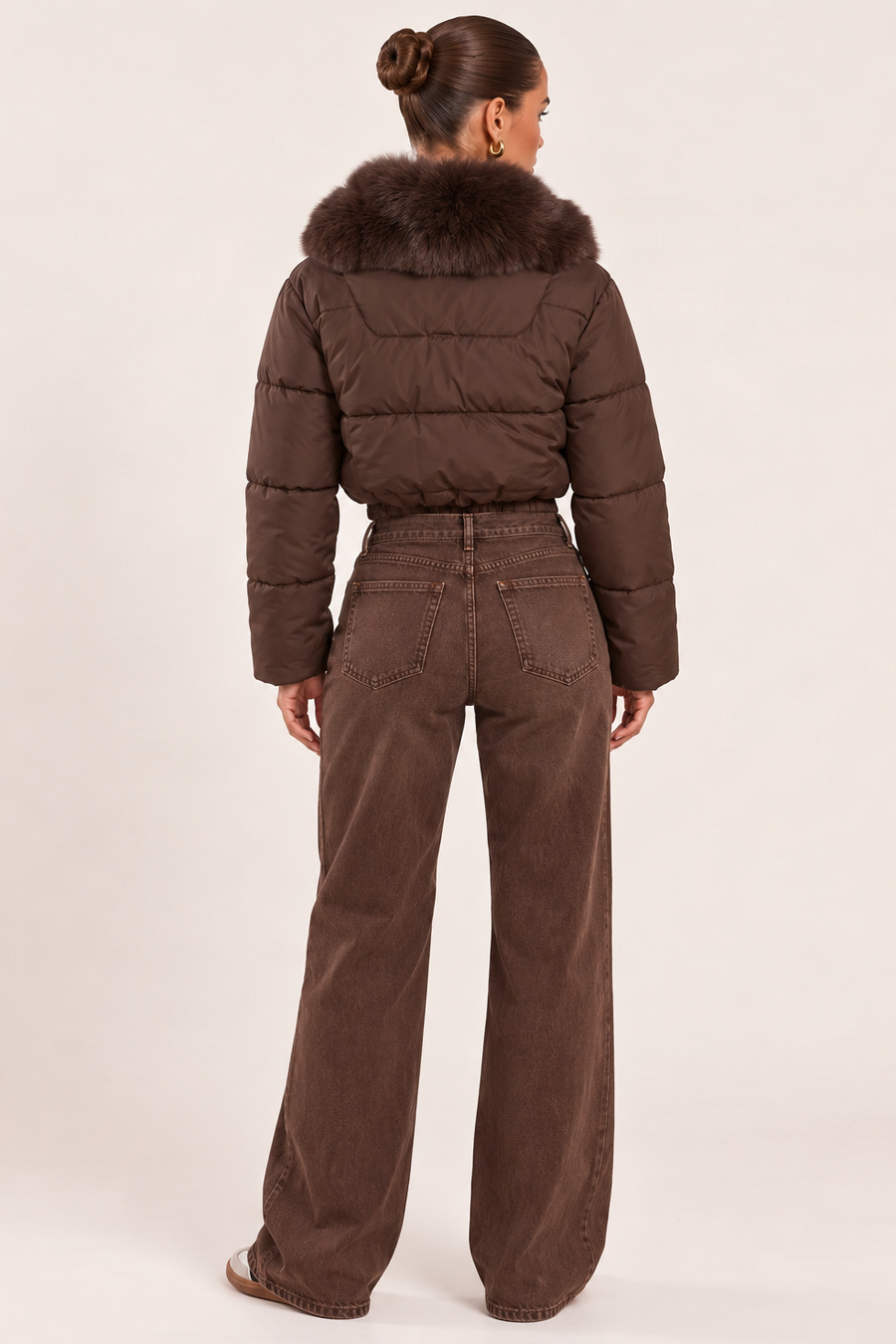 Chocolate Faux Fur Collar Puffer Cropped Jacket - Deliah