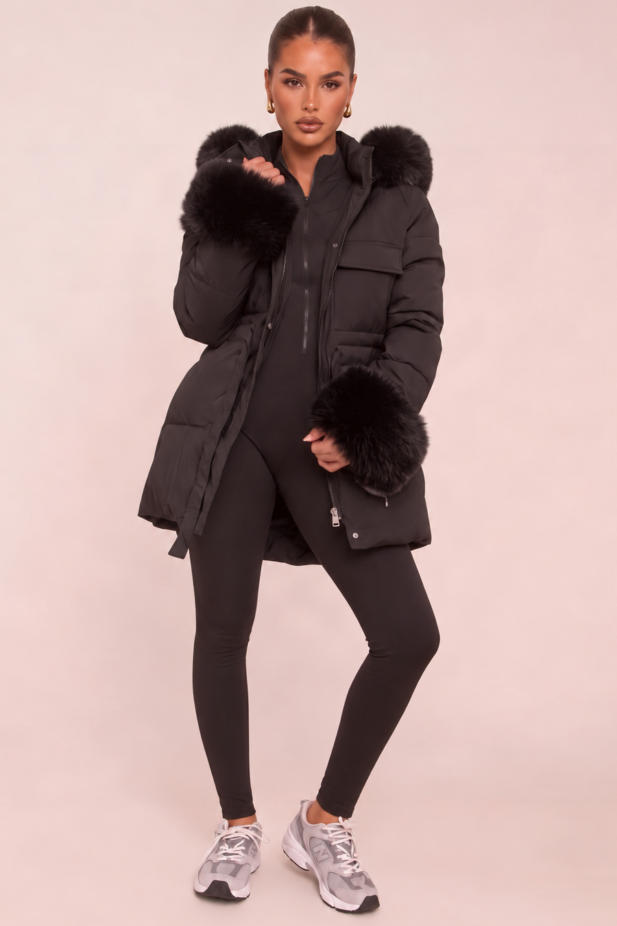 Black Faux Fur Trim Longline Puffer Jacket -  Candy