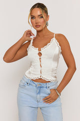 Ivory Satin Lace Trim Button Down Cami - Sanya