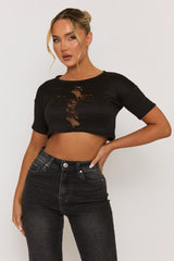Black Lace Insert Cropped Tshirt - Mina