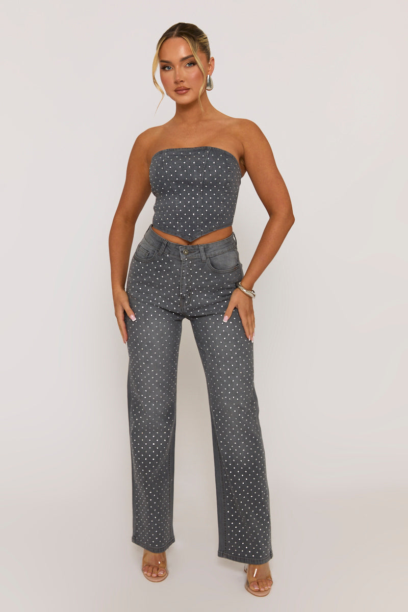Grey Embellished Denim Jeans - Gabriela