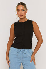 Black Sleeveless Button Up Rib Top - Nikolina