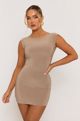 Taupe Boat Neck Backless Bodycon Mini Dress - Imogen