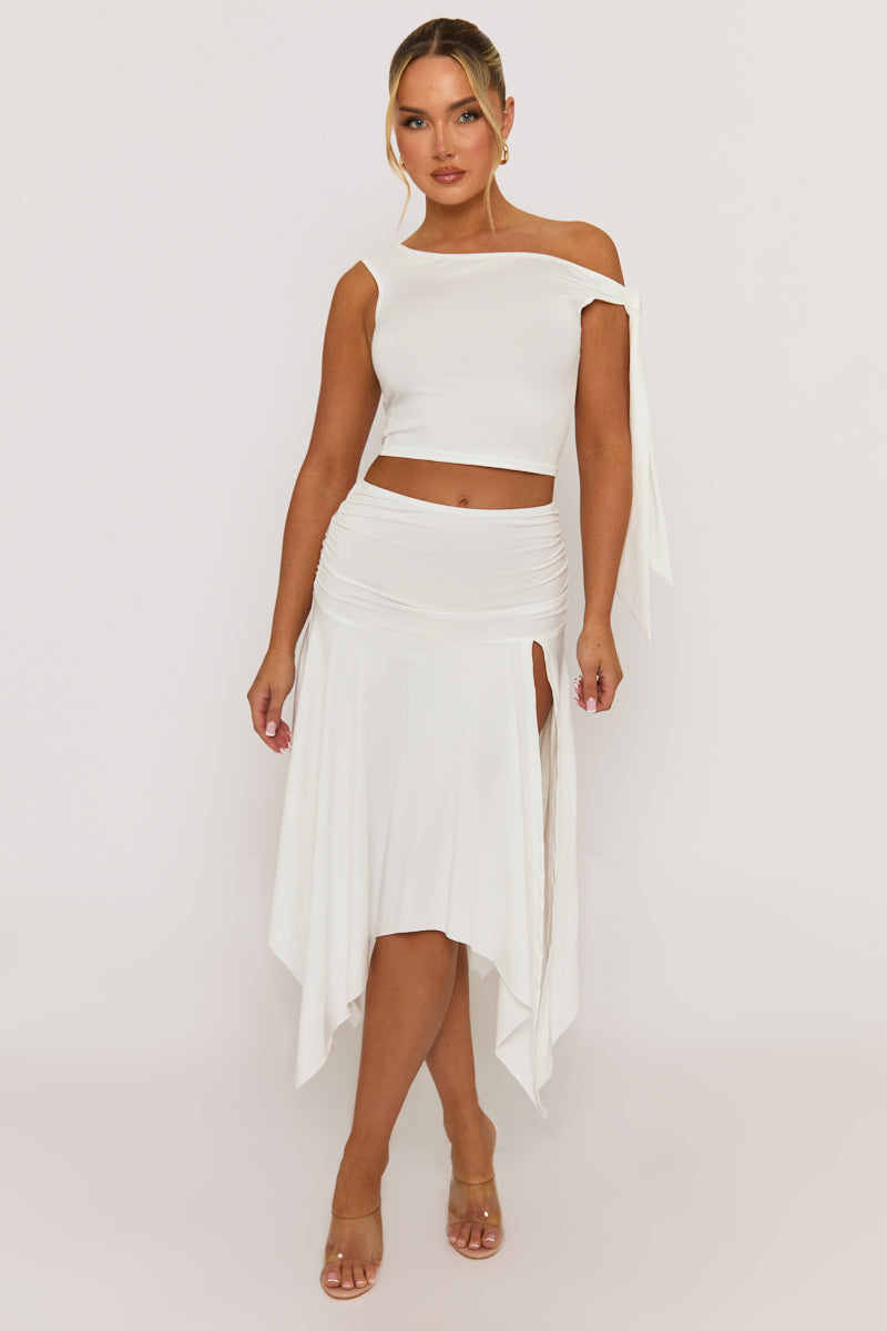 White Tie Shoulder Hanky Hem Skirt Co-ord Set - Alla