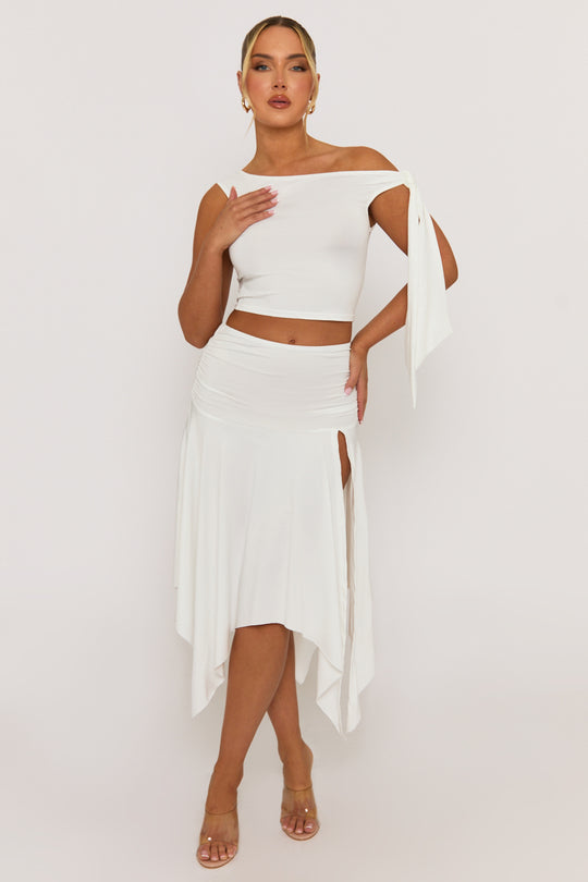 White Tie Shoulder Hanky Hem Skirt Co-ord Set - Alla