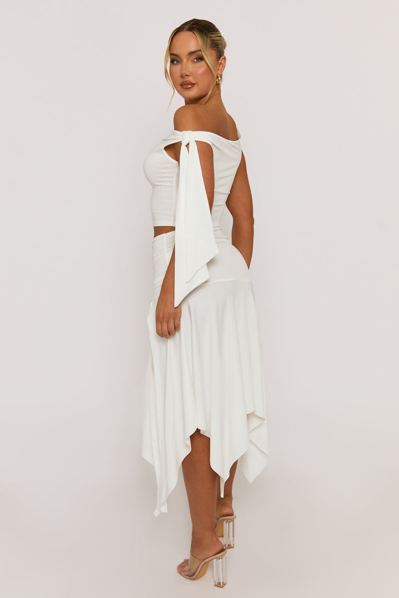 White Tie Shoulder Hanky Hem Skirt Co-ord Set - Alla