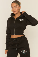 Black Contrast Motif Cropped Hoodie and Joggers Loungewear Set - Sameen