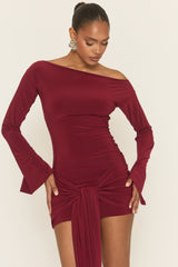 Burgundy Long Flared Sleeves Drape Detail Bodycon Mini Dress - Maya