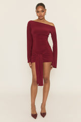 Burgundy Long Flared Sleeves Drape Detail Bodycon Mini Dress - Maya