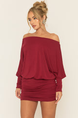 Wine Batwing Bardot Mini Dress - Clarice