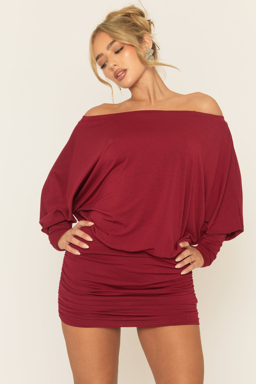Wine Batwing Bardot Mini Dress - Clarice