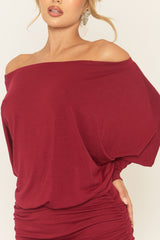 Wine Batwing Bardot Mini Dress - Clarice