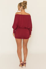 Wine Batwing Bardot Mini Dress - Clarice
