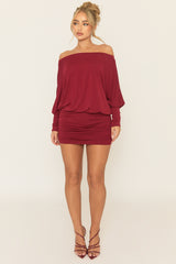 Wine Batwing Bardot Mini Dress - Clarice