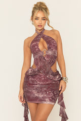 Plum Multi Printed Wrap Front Trim Detail Mini Dress - Yasira