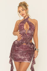 Plum Multi Printed Wrap Front Trim Detail Mini Dress - Yasira