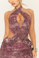 Plum Multi Printed Wrap Front Trim Detail Mini Dress - Yasira