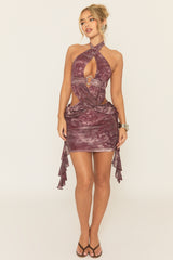 Plum Multi Printed Wrap Front Trim Detail Mini Dress - Yasira