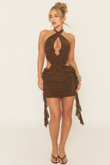 Brown Wrap Front Trim Detail Mini Dress - Yasira