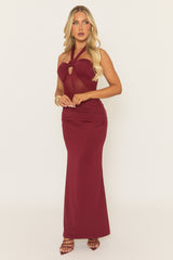 Wine Halterneck Mesh Insert Maxi Dress - Ehva