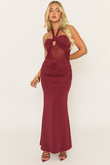 Wine Halterneck Mesh Insert Maxi Dress - Ehva