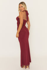 Wine Halterneck Mesh Insert Maxi Dress - Ehva