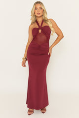 Wine Halterneck Mesh Insert Maxi Dress - Ehva