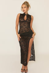 Black Trim Detail Lace Maxi Dress - Alika