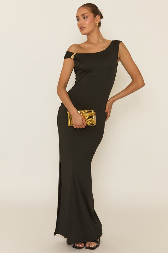Black Asymmetric Trim Detail Maxi Dress - Nikky
