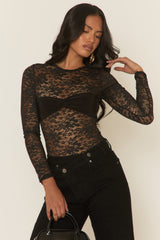 Black Lace Gathered Bust Bodysuit - Junia