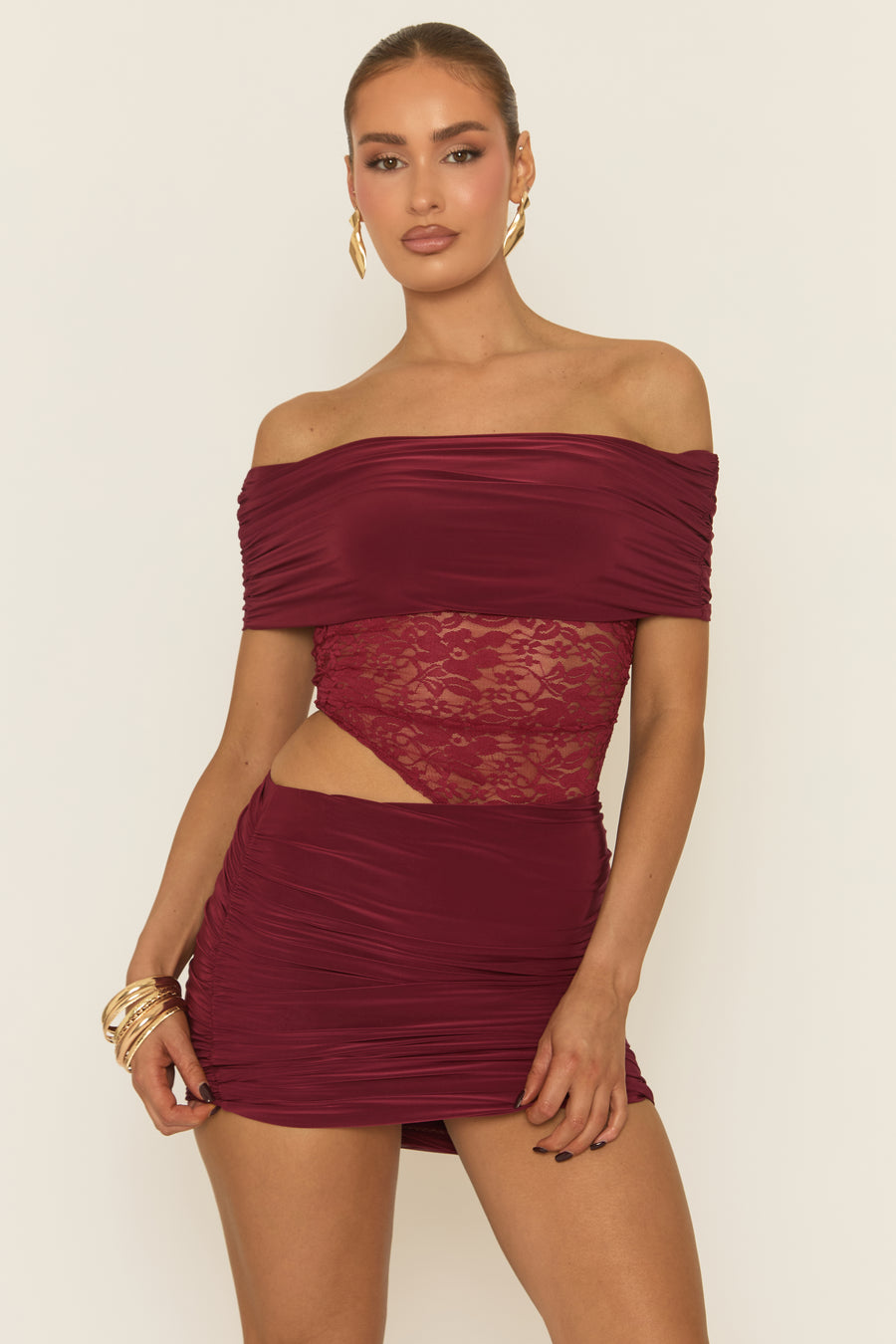Wine Lace Bardot Top and Mini Skirt Co-ord Set - Mareen